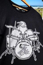 Load image into Gallery viewer, Salty Raven Drummer T-Shirt - Unisex Silver on Black
