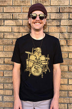Load image into Gallery viewer, Salty Raven Drummer T-Shirt - Unisex Gold on Black
