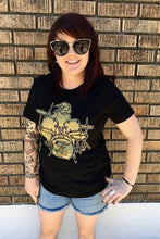 Load image into Gallery viewer, Salty Raven Drummer T-Shirt - Women&#39;s Gold on Black
